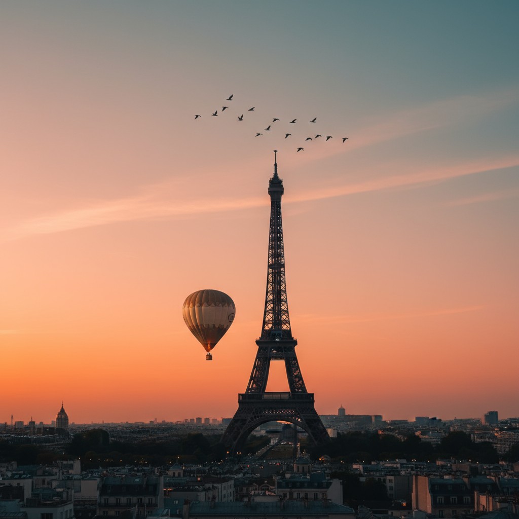Die Paris skyline mit der Eiffelturm und einer Luftballon.
