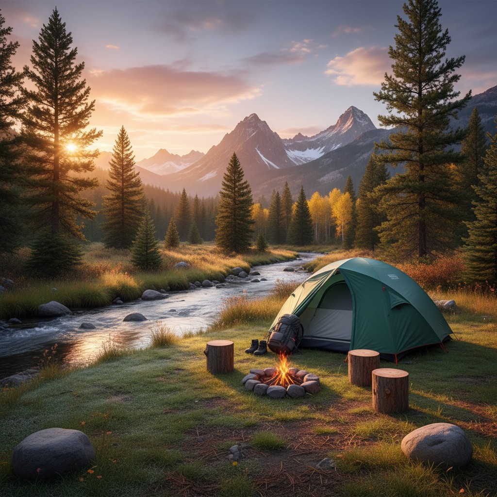 Darstellbarer Gegenstand: Wanderveilchen und Ferienkampplatz bei Einbruch der Dämmerung.