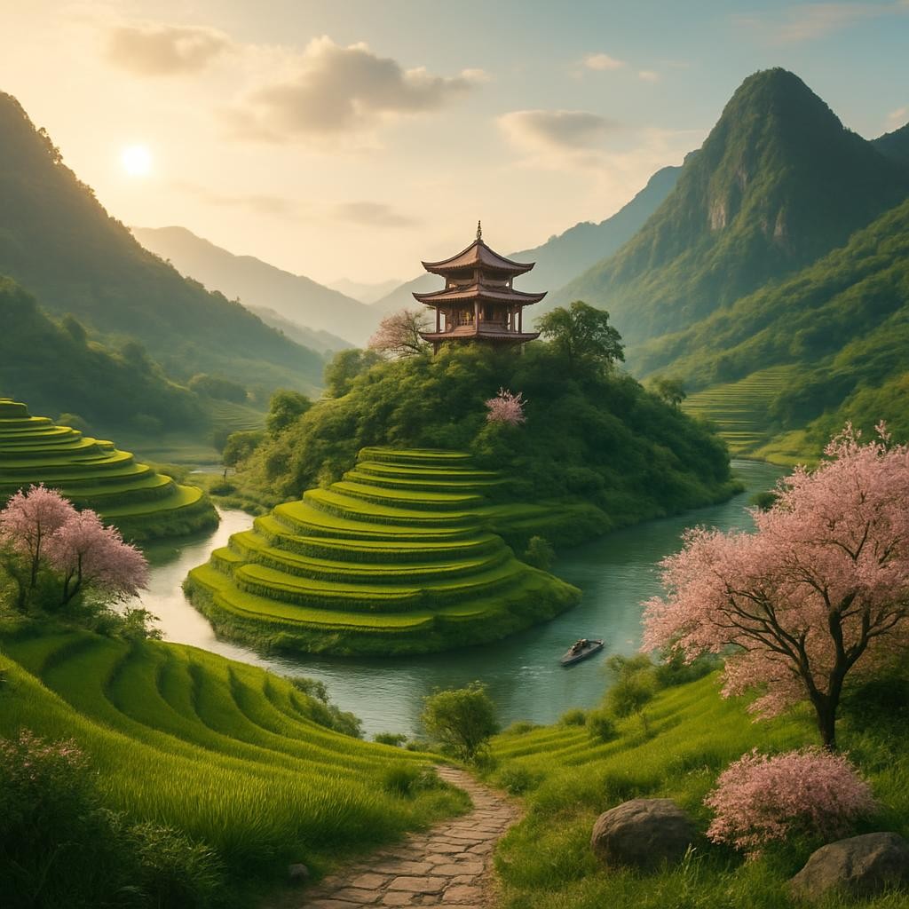 Ein natürlich wirkendes, repräsentatives Bild aus Asien, ideal für die Kategorie 'Asien' einer Reisewebsite. Zeige eine typische asiatische Landschaft mit Tempel, grüner Natur und einem Hauch von Abenteuer. Kein Text, kein Mensch direkt im Fokus, sondern Fokus auf Landschaft und Atmosphäre.