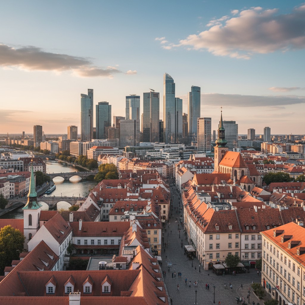 Ein Bild der Stadt Graz in Österreich, mit der Neuen Altstadt im Vordergrund, im Hintergrund einzelne Skyline-Hochhäuser u...